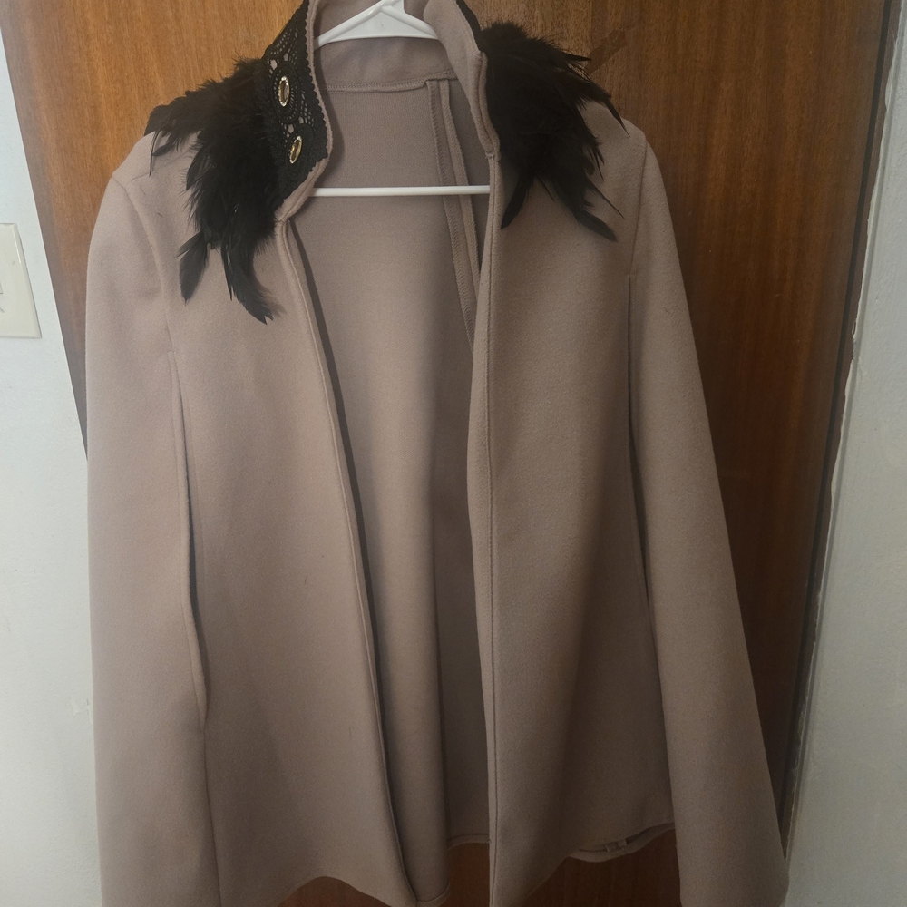 SHEIN Tan Cape with Black Feather Detail